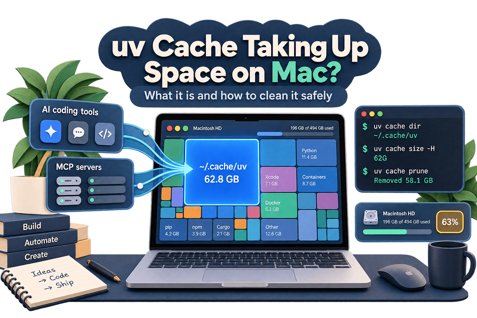 Diagram of uv cache on Mac showing isolated tool environments, cached wheels, and copy-on-write clones.