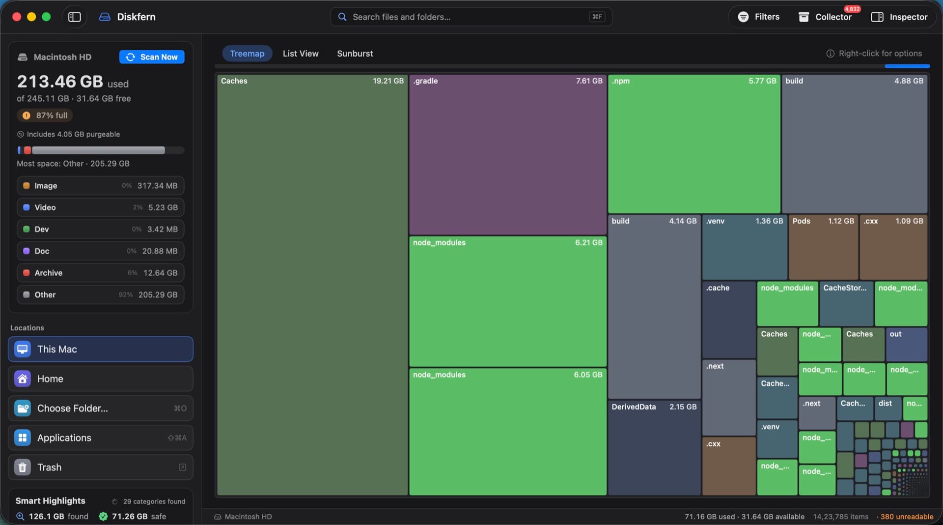 Map filtered to items that are safe to delete: caches, .gradle, .npm and node_modules
